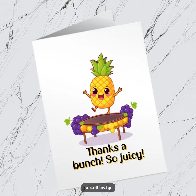 Funny Free Printable Thank You Card: Energetic pineapple bouncing high on a grape trampoline, showing gratitude.