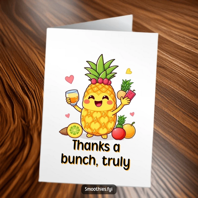 Funny Free Printable Thank You Card: Smiling pineapple blending fruits, expressing thanks with a tropical vibe.