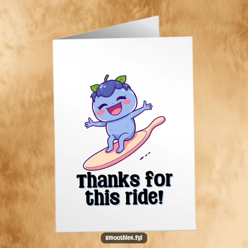 Funny Free Printable Thank You Card featuring a laughing blueberry riding a giant spoon, expressing thanks with adventurous style.