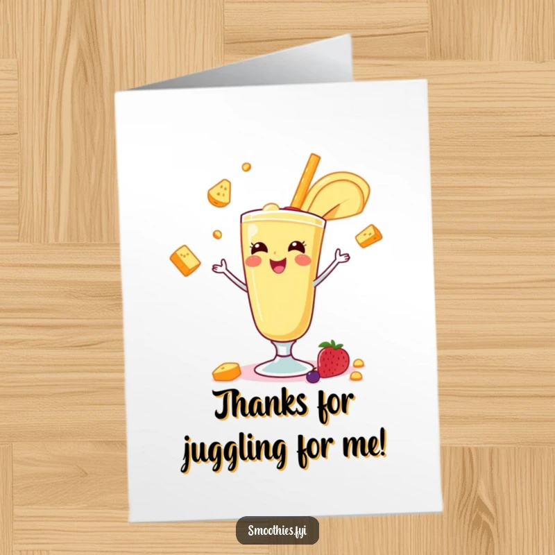 Funny Free Printable Thank You Card: A banana smoothie juggles fruits, playfully conveying thanks.
