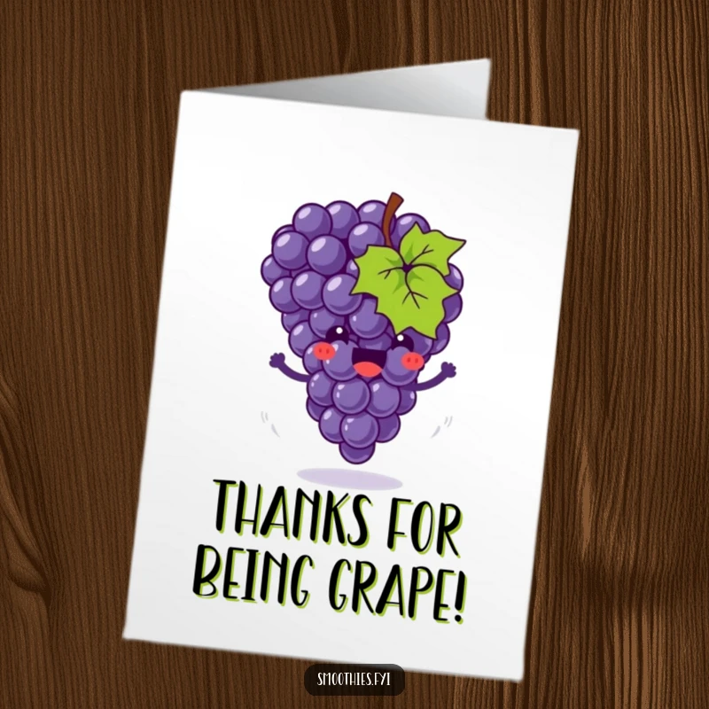 Funny Free Printable Thank You Card: a joyful grape cluster bounces with motion swirls, a fun way to show gratitude.