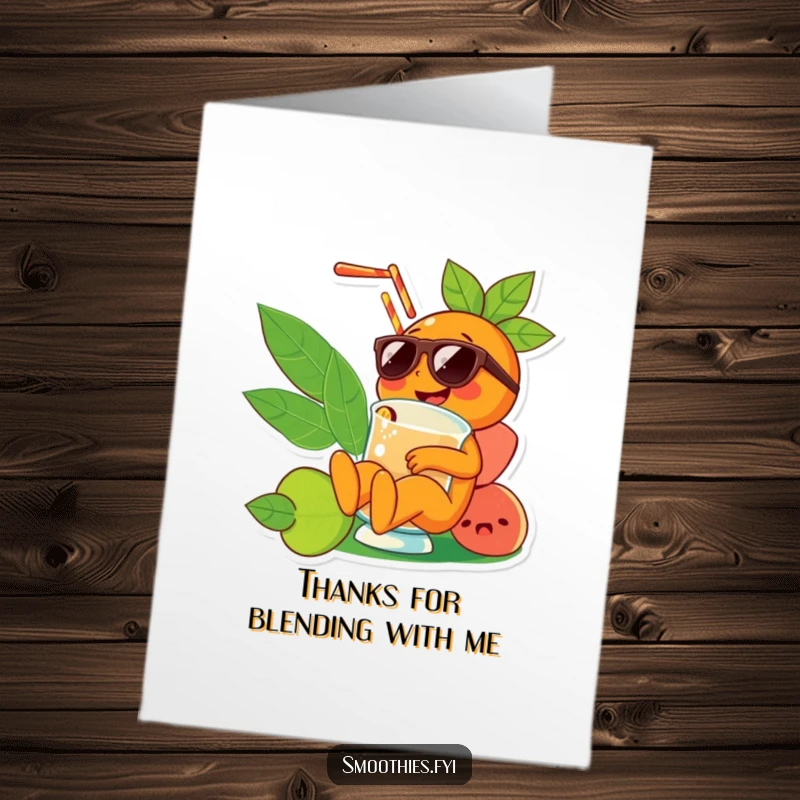 Funny Free Printable Thank You Card: a cheerful orange character with sunglasses enjoys a smoothie, offering a cool thanks.