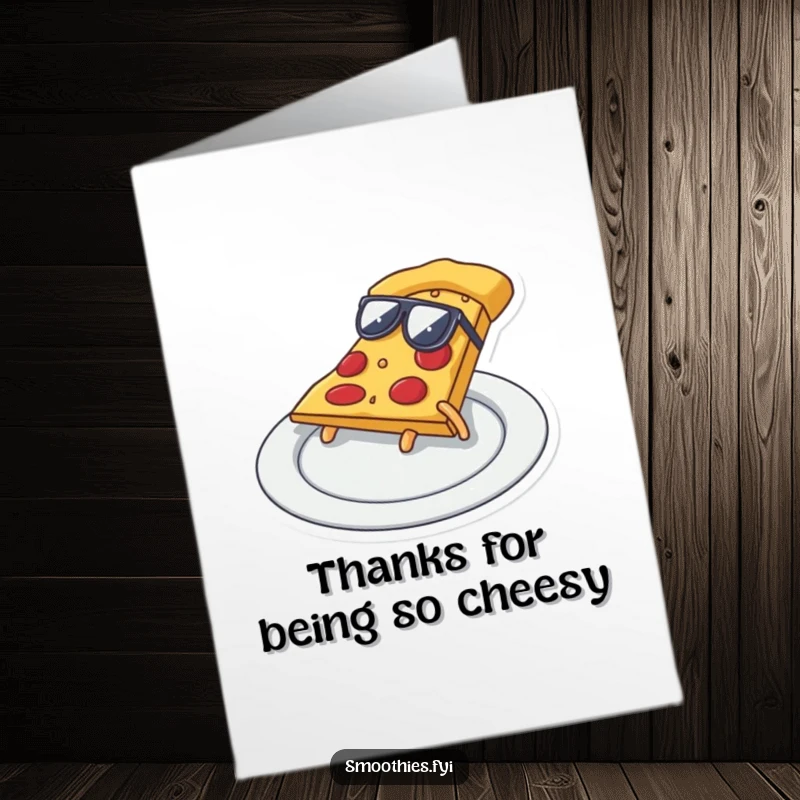 Funny Free Printable Thank You Card featuring a pizza slice in sunglasses doing a smooth slide, expressing cool thanks.