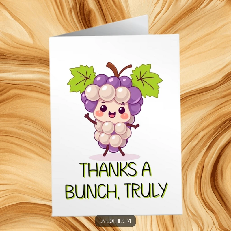 Funny free printable thank you card with a kawaii grape bunch happily doing a jig, a sweet way to express gratitude.