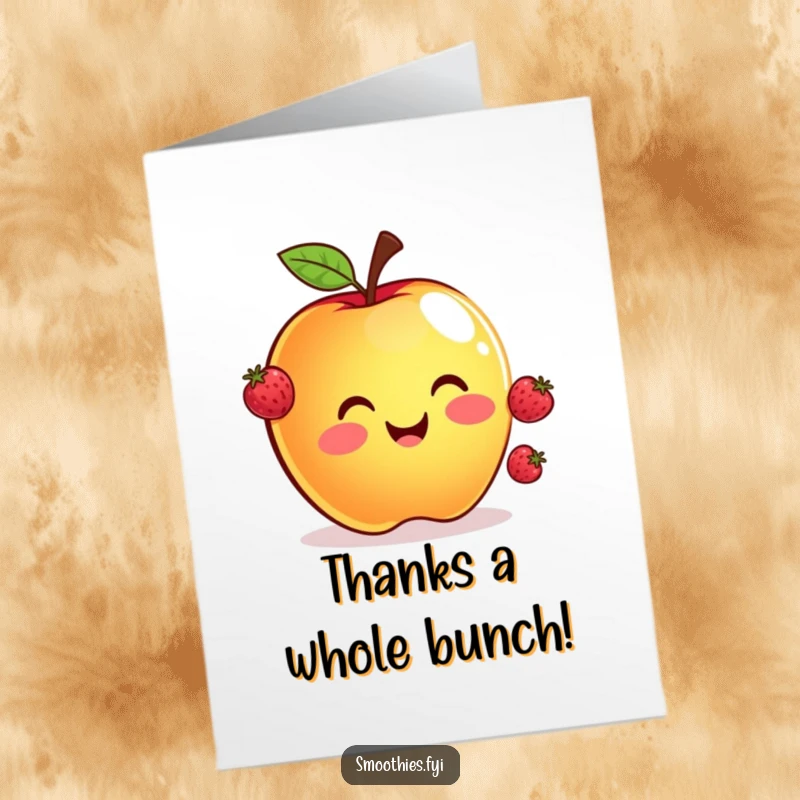 Funny Free Printable Thank You Card with a smiling apple juggling berries, a unique way to show gratitude.