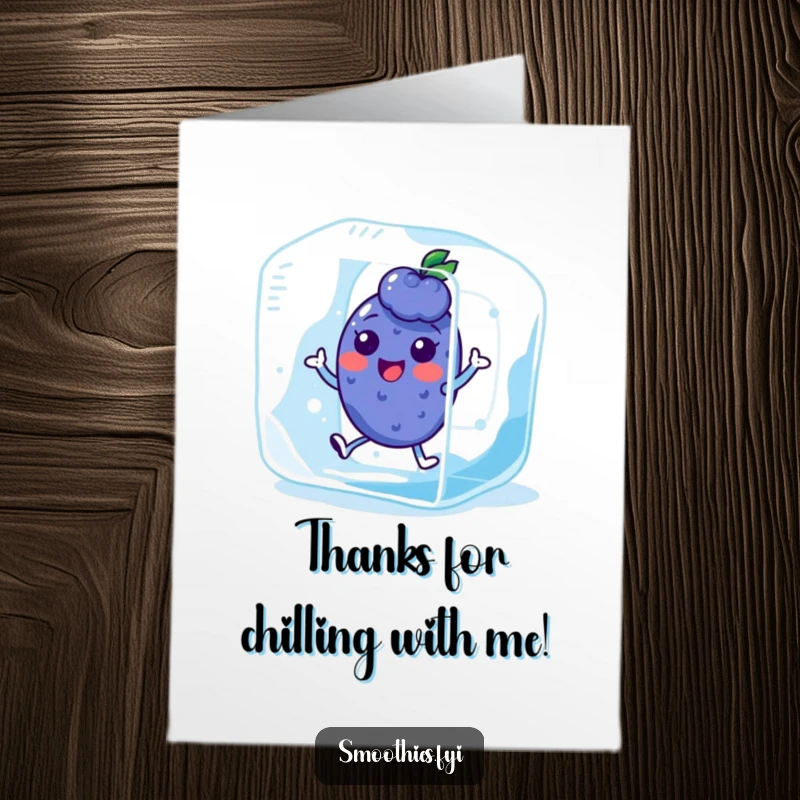Funny Free Printable Thank You Card with a super happy kawaii blueberry character bouncing inside a massive ice cube.