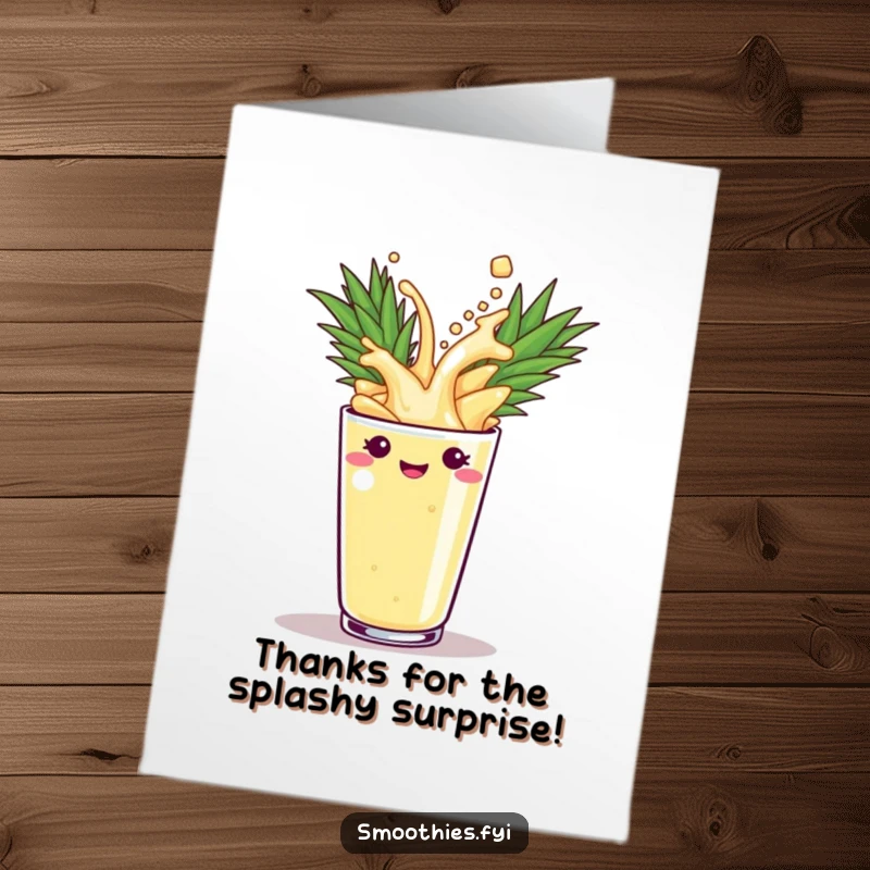 Funny Free Printable Thank You Card: A pineapple smoothie splashes into a cup, conveying energetic thanks.