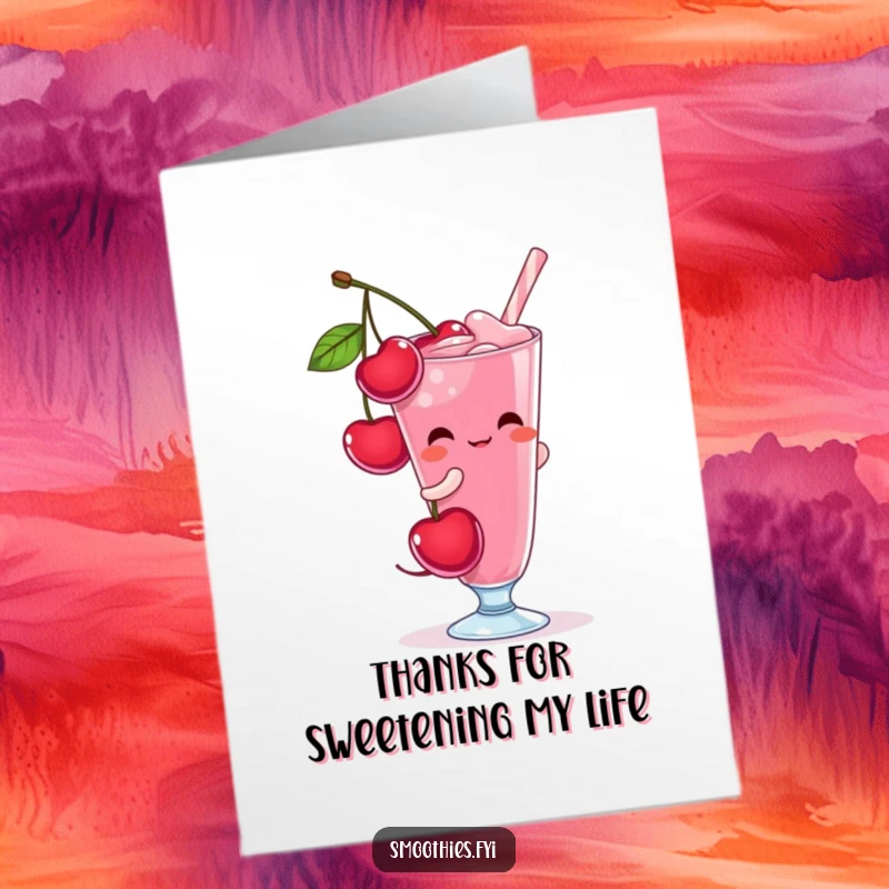 Funny Free Printable Thank You Card: A shy cherry character blushes as it pours into a glass, expressing thanks.