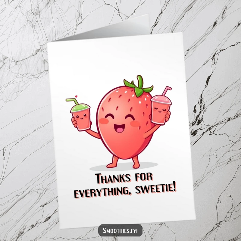 Funny Free Printable Thank You Card: Cheerful strawberry character juggling three tiny smiling smoothie cups, a fun and downloadable thank you.