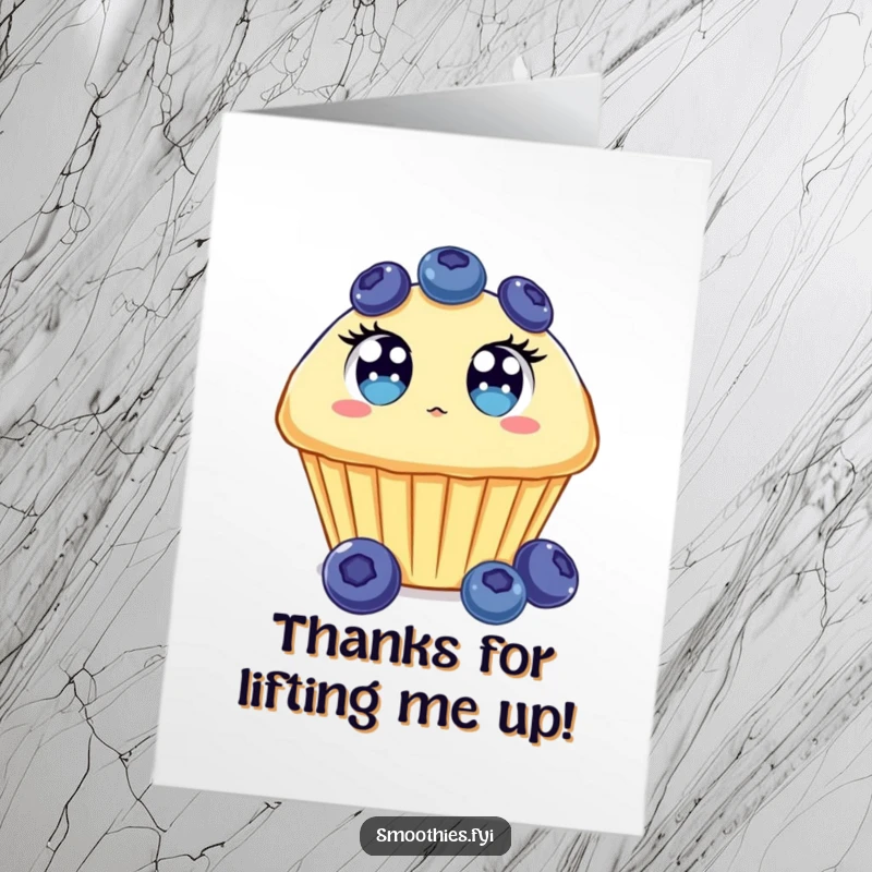 Free Printable Thank You Card: A shocked blueberry muffin with wide eyes, floating up in gratitude.