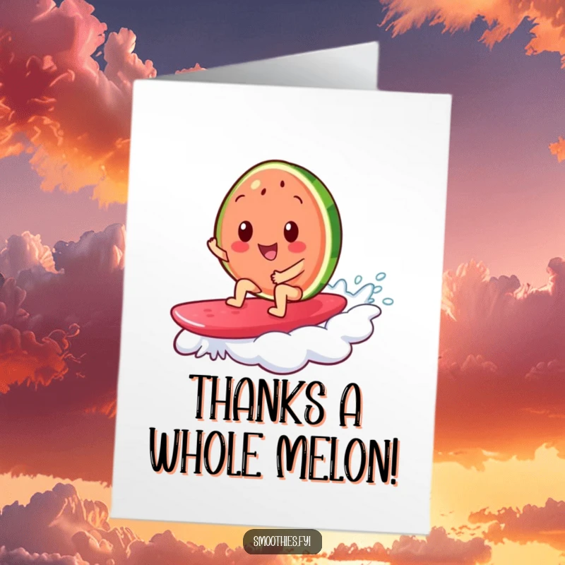 Funny Free Printable Thank You Card: a cheerful watermelon slice surfs a jelly wave, a humorous and refreshing way to thank.