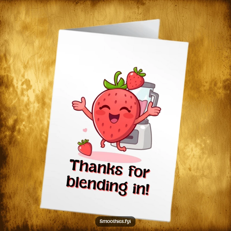 Funny Free Printable Thank You Card featuring a dancing strawberry with a blender, conveying gratitude with a fruity flair.