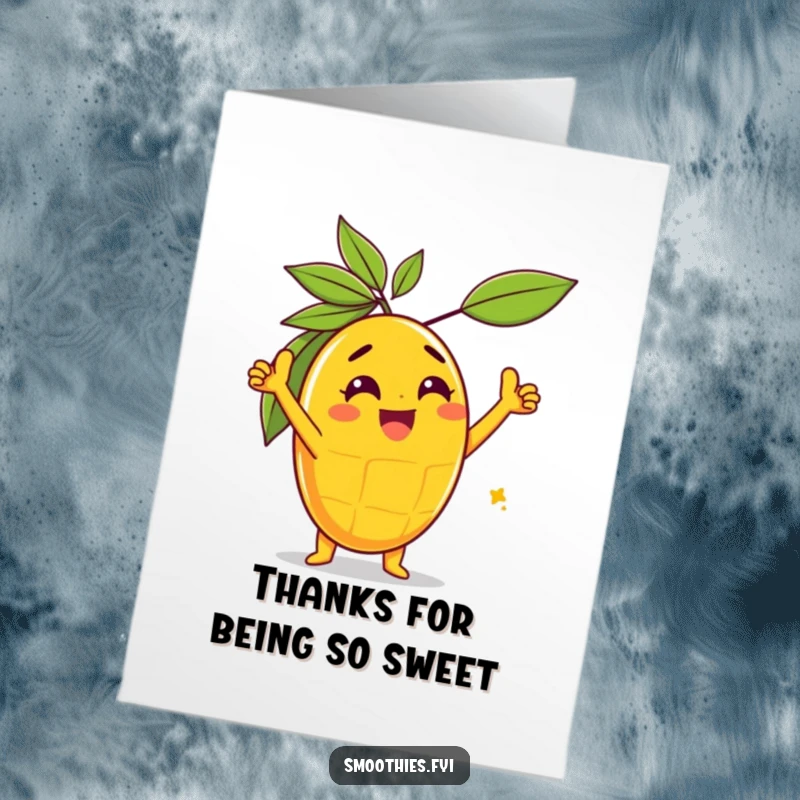 Funny Free Printable Thank You Card with a gleeful mango character striking a triumphant pose to show thanks.