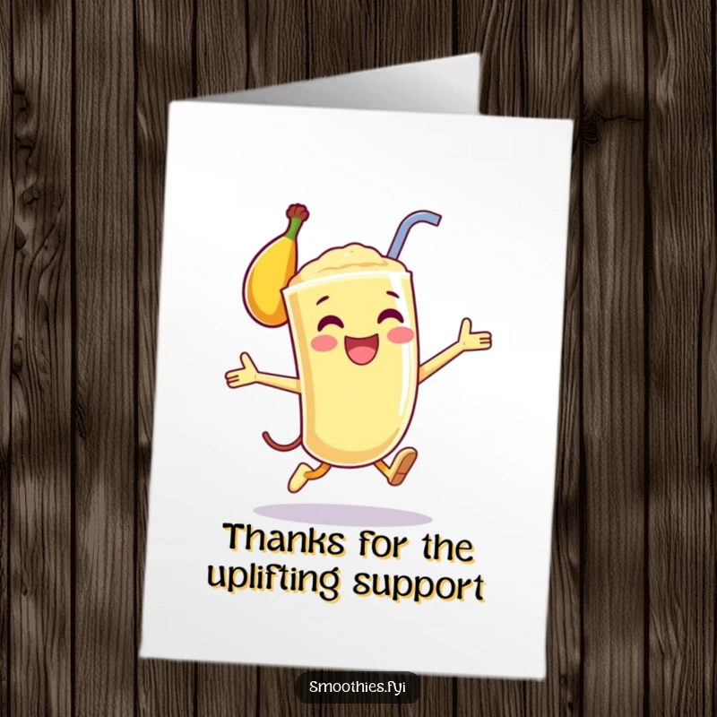Funny Free Printable Thank You Card: Happy anthropomorphic banana smoothie performing a joyful leap, expressing thanks with enthusiasm.