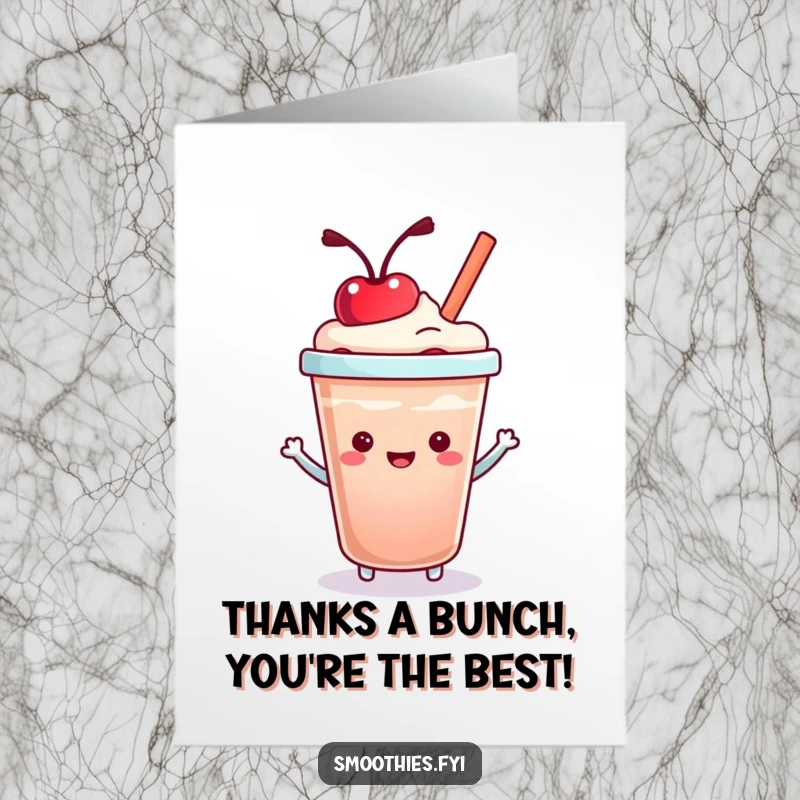 Funny Free Printable Thank You Card with a kawaii smoothie cup happily bouncing a cherry on its lid, conveying appreciation.