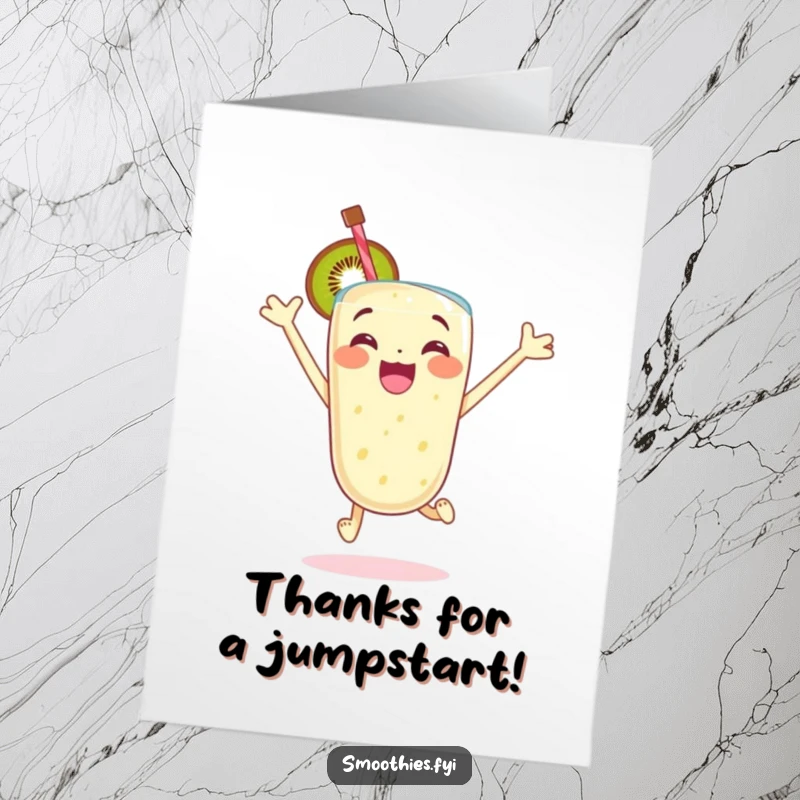 Funny Free Printable Thank You Card: An excited kiwi smoothie jumps with glee, expressing thanks.