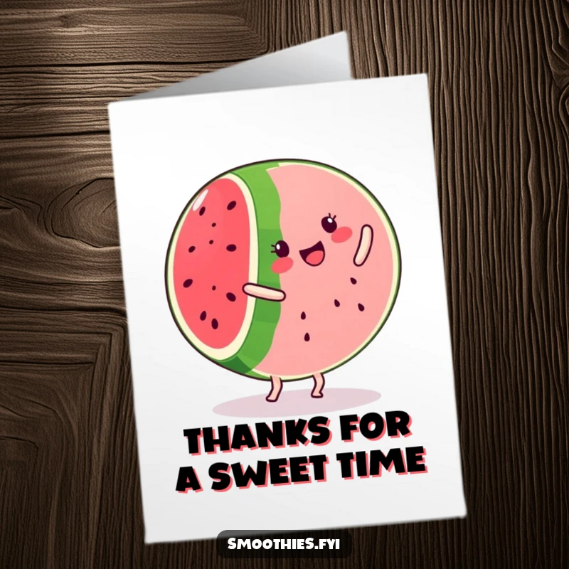Funny free printable thank you card of a kawaii watermelon slice doing a happy cartwheel, a sweet way to say thanks.
