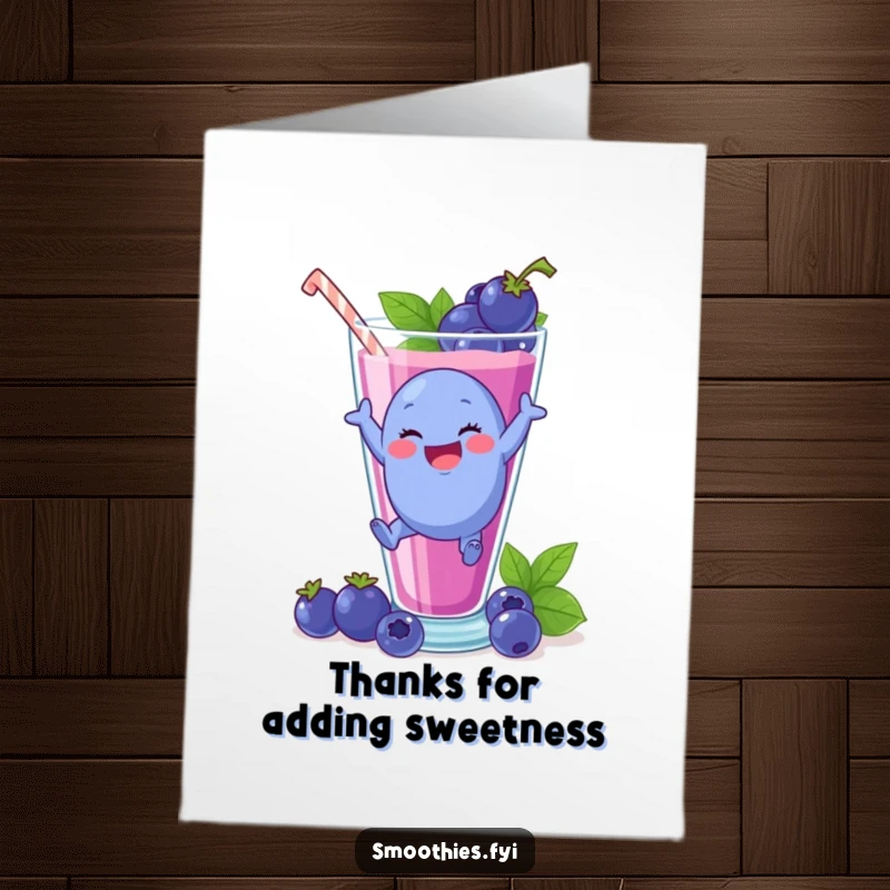Funny Free Printable Thank You Card: Blueberry jumping into a smoothie glass, expressing thanks with enthusiasm.