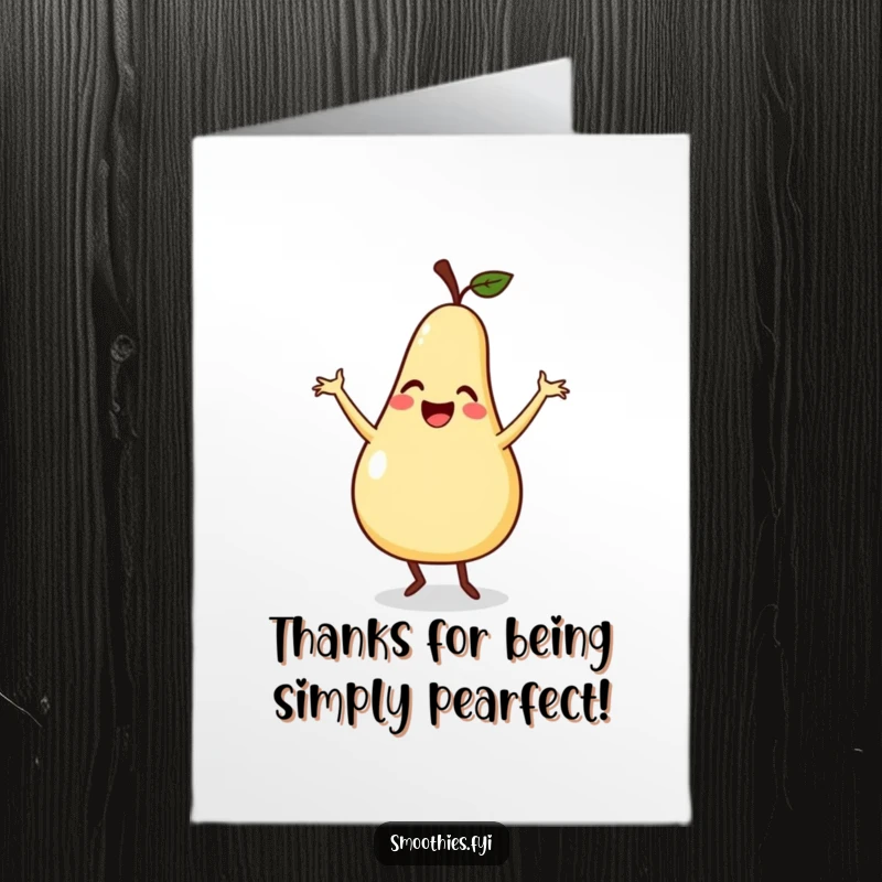 Funny Free Printable Thank You Card: a smiling pear dances silly, flailing arms, a humorous expression of thanks.