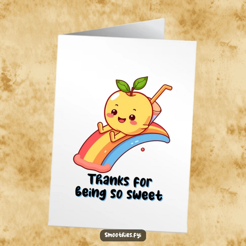 Funny Free Printable Thank You Card: Smiling apple sliding down a rainbow into a smoothie, expressing thanks.