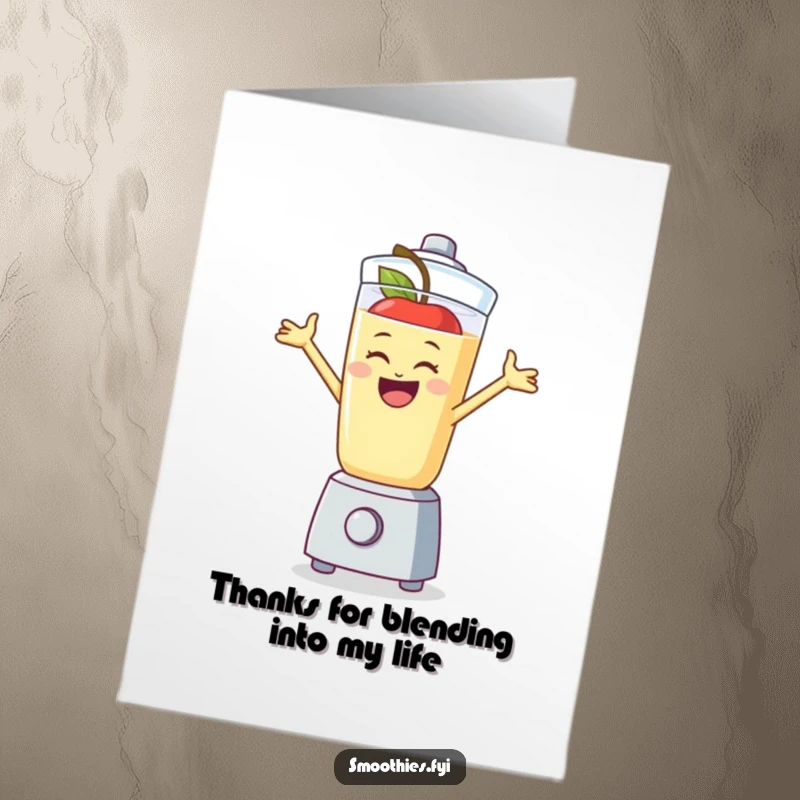 Funny Free Printable Thank You Card with a gleeful apple smoothie mid-jump in a blender, expressing heartfelt thanks.