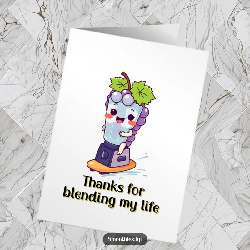 Funny Free Printable Thank You Card: A happy grape bunch surfs a blender, offering thanks playfully.