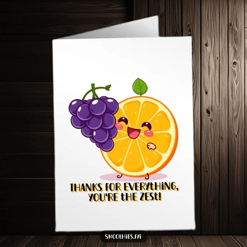 Funny Free Printable Thank You Card of a grinning kawaii orange slice character skillfully juggling miniature grapes with a happy expression.