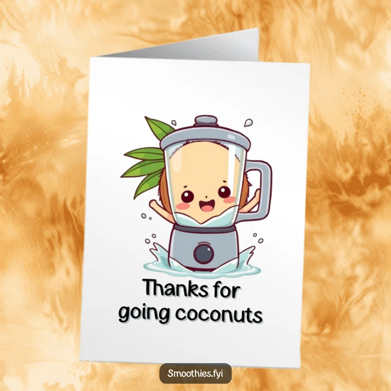 Funny Free Printable Thank You Card: A happy coconut character splashes into a blender with thanks.