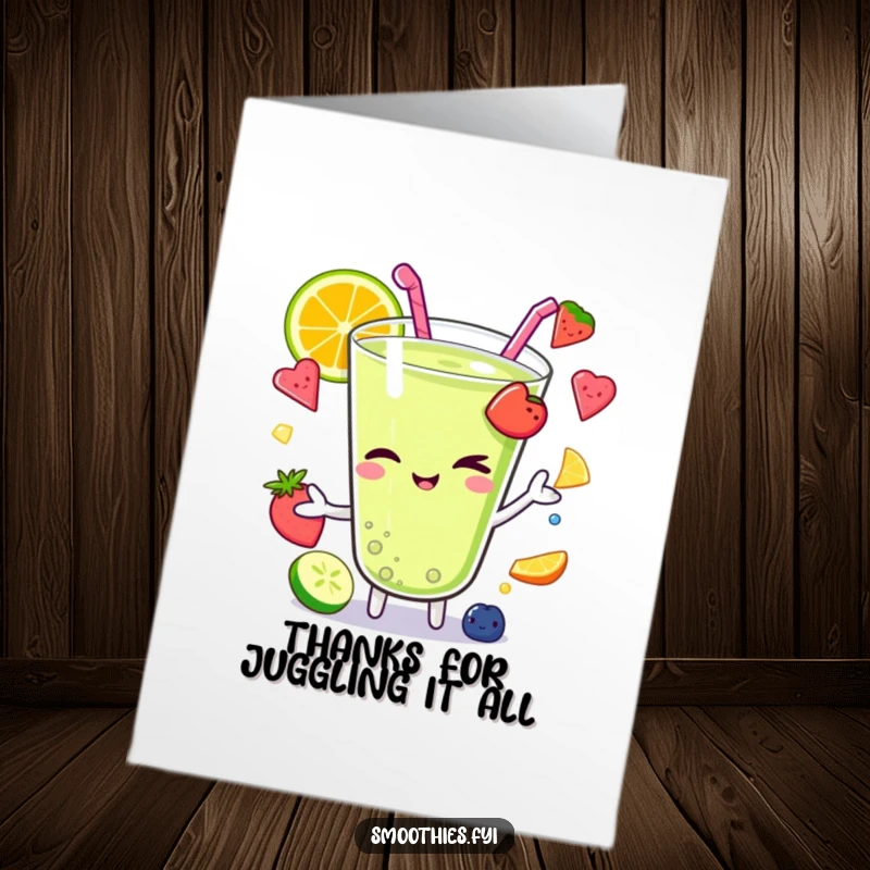 Funny Free Printable Thank You Card: Kawaii smoothie character winking while juggling colorful fruit pieces, expressing thanks.