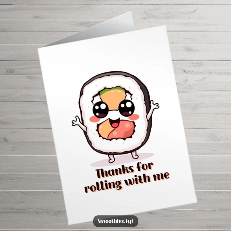 Funny Free Printable Thank You Card featuring a sushi roll with googly eyes performing a silly jig.