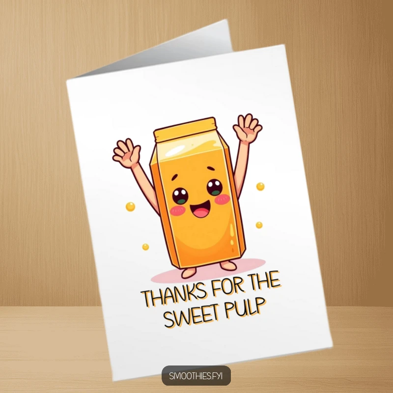 Funny Free Printable Thank You Card featuring a cheerful orange juice carton in a celebratory pose.
