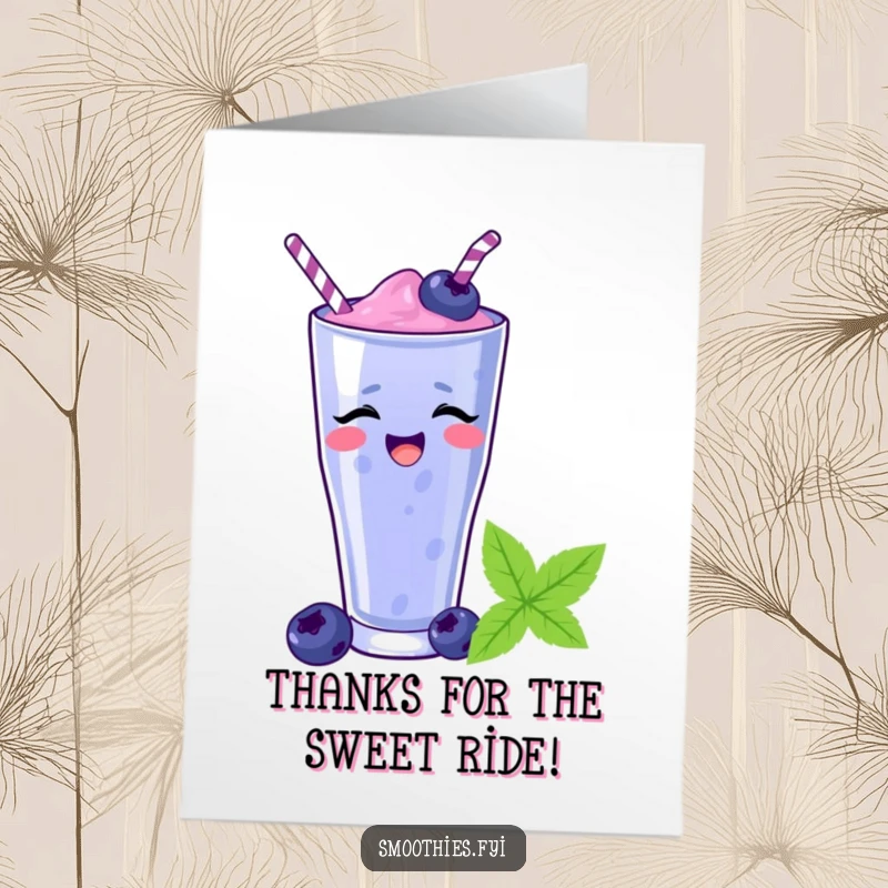 Funny Free Printable Thank You Card: A blueberry smoothie slides down a straw, conveying cheerful thanks.