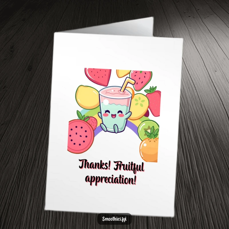 Funny Free Printable Thank You Card: A giggling Kawaii smoothie slides down a rainbow of fruit, sending colorful thanks.
