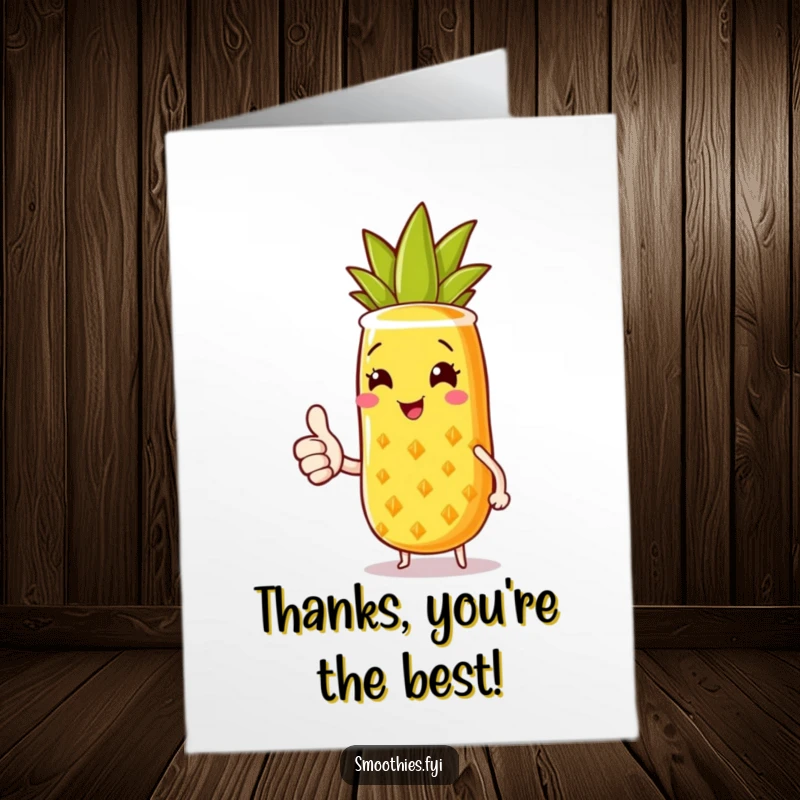 Funny Free Printable Thank You Card: A happy pineapple smoothie gives a thumbs up with a sunny smile for thanks.