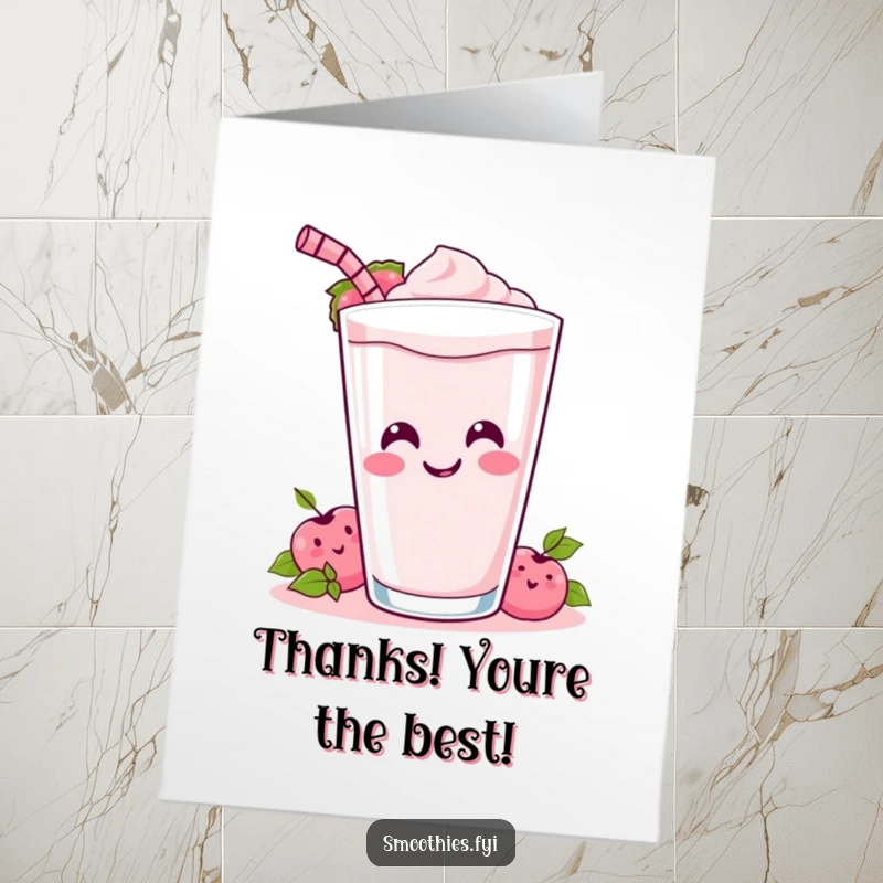 Funny Free Printable Thank You Card: A happy Kawaii smoothie spills its drink, expressing thanks with a wide, cheerful smile.