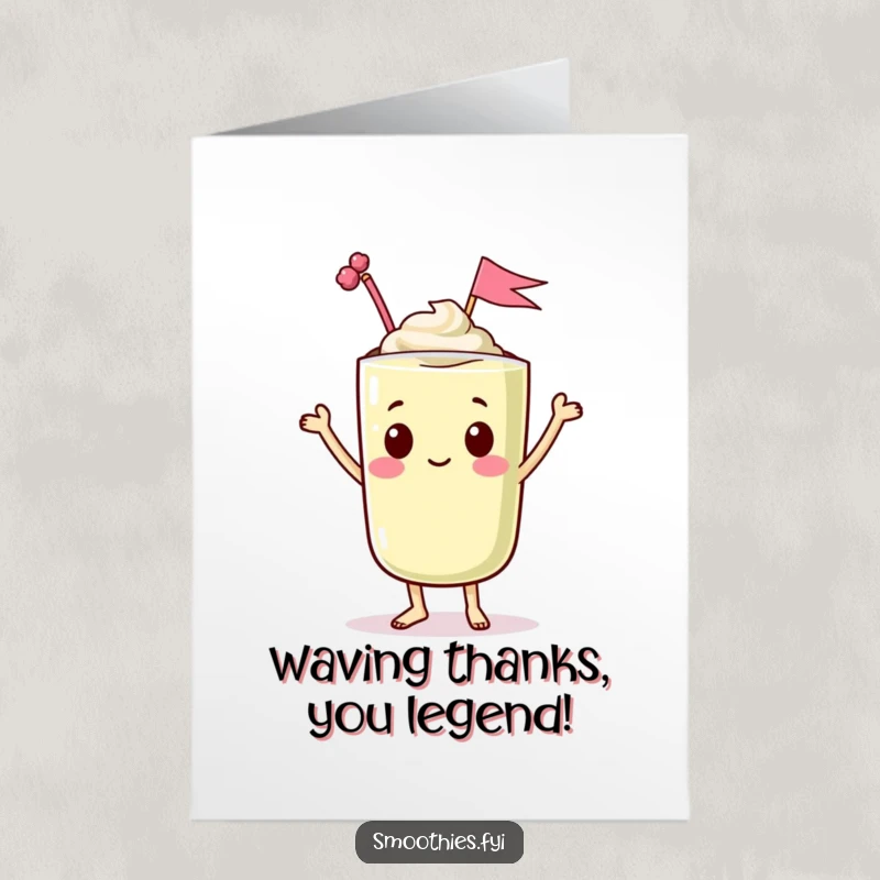 Funny Free Printable Thank You Card: Dancing Kawaii smoothie character waving a tiny flag from the top, a cheerful thank you.