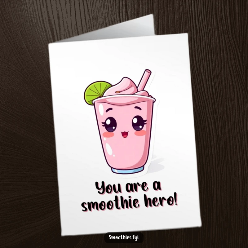 Funny Free Printable Thank You Card: Surprised Kawaii smoothie character with wide eyes, popping out of a cup, a humorous thank you.