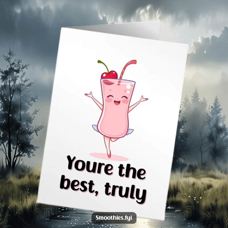 Funny Free Printable Cherry Smoothie Card: A delighted, graceful smoothie striking a ballet pose to say thank you.