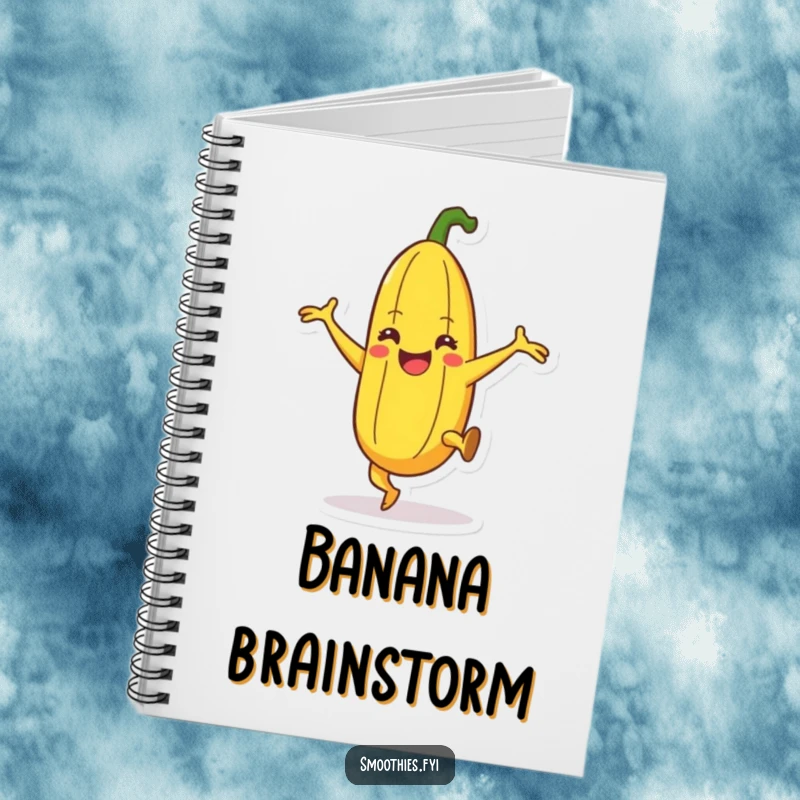 Funny happy banana character notebook doing a silly dance with leg kicks, perfect for notes and creativity.