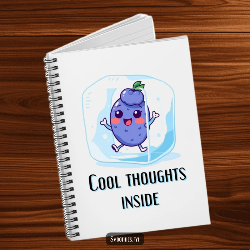 Funny Kawaii Blueberry Notebook with a character hopping in an ice cube. Ideal for jotting down cool and funny thoughts.