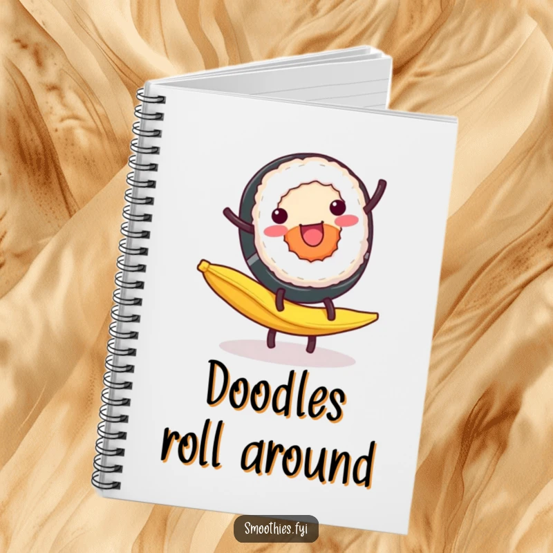 Funny Notebook: A cheerful sushi roll performs a cartwheel on a banana peel, perfect for jotting down recipes and ideas.