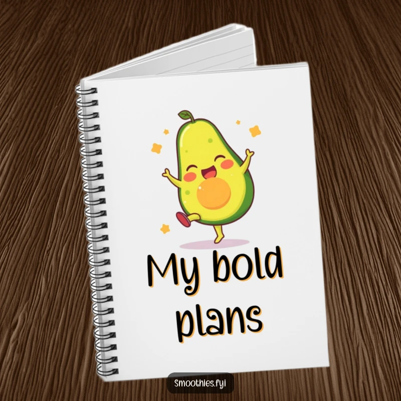 Funny notebook cover with a gleeful avocado character performing a high kick, inspiring energetic ideas.
