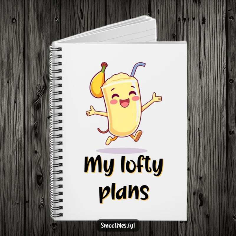 Funny notebook with a happy anthropomorphic banana smoothie mid-leap, perfect for jotting down energetic thoughts and plans.