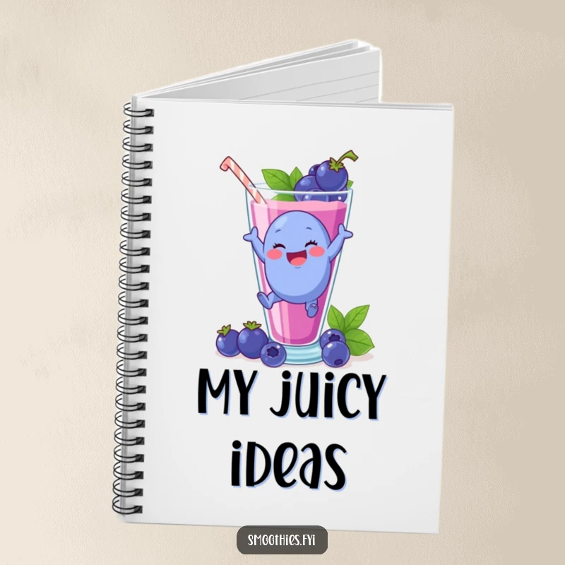 Funny plump blueberry character leaping into a smoothie glass, featured on a notebook cover.