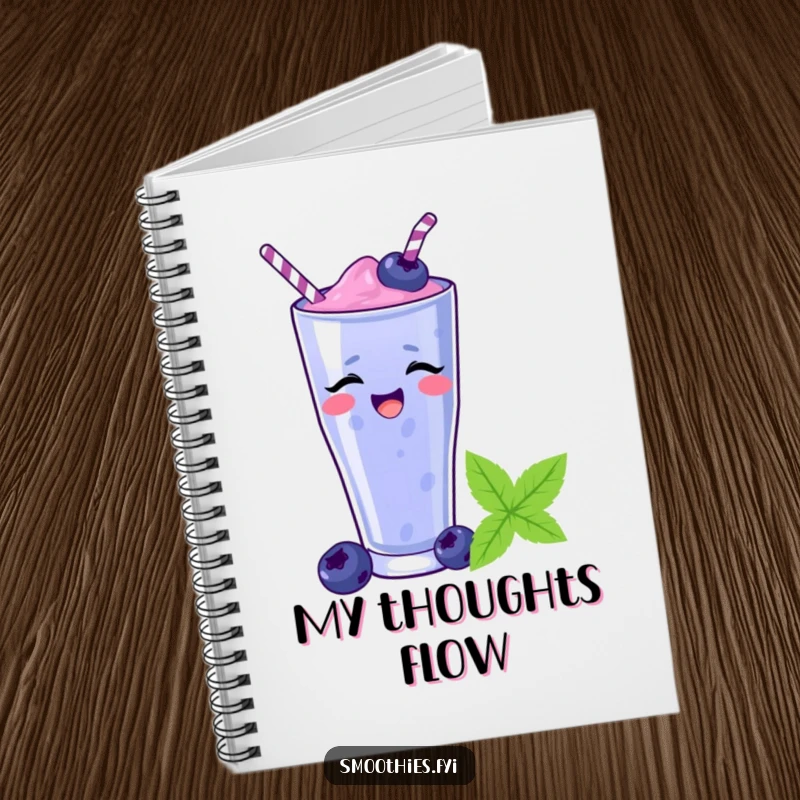 Funny blueberry smoothie sliding down a straw on a notebook cover, inspiring creativity and humor. A delightful funny gift.