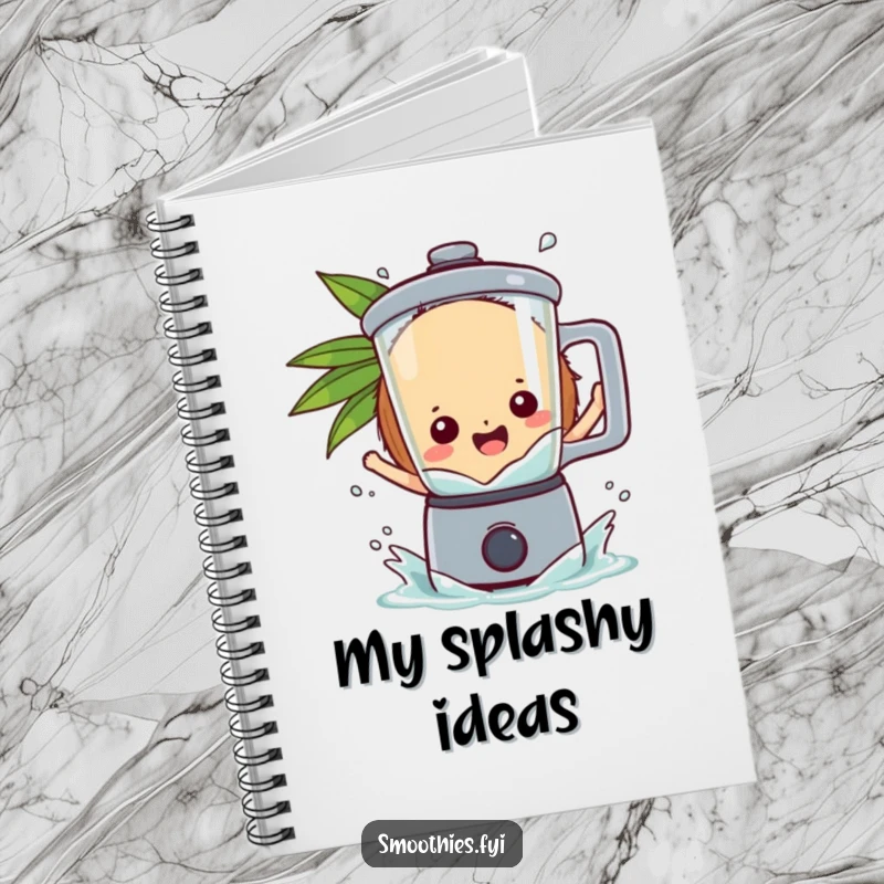 Funny coconut character splashing into a blender, inspiring fun and tropical ideas within this notebook.
