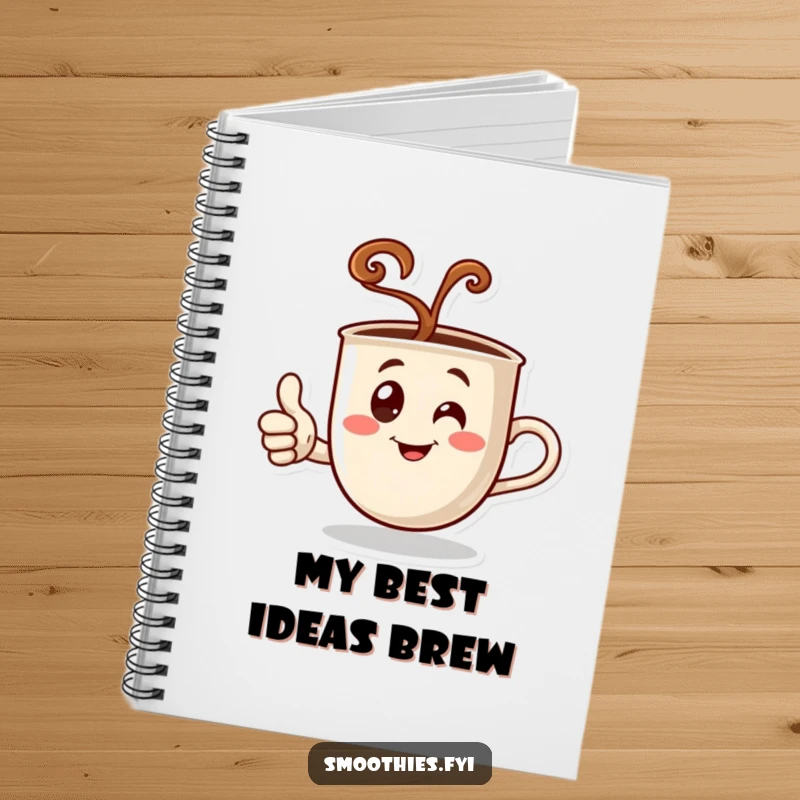 Funny notebook with a steaming coffee cup character giving a thumbs up, ideal for jotting down notes with a touch of caffeine-fueled approval.
