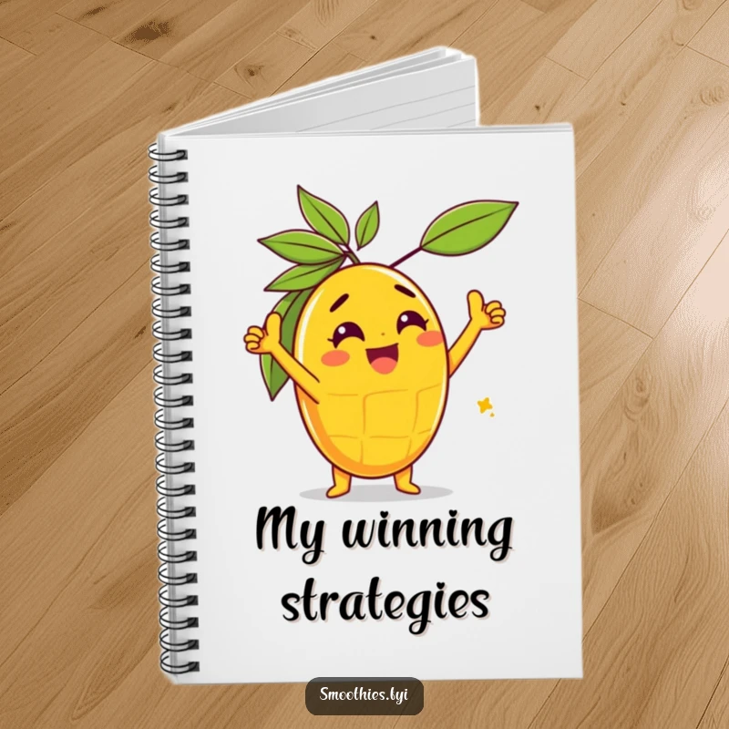 Funny gleeful mango character performing a triumphant pose on a notebook cover, encouraging success and humor.