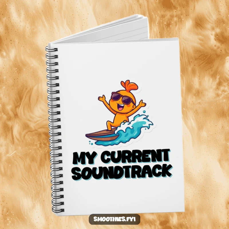 Funny orange character with sunglasses surfing a wave on a notebook cover, inspiring creative and humorous writing.