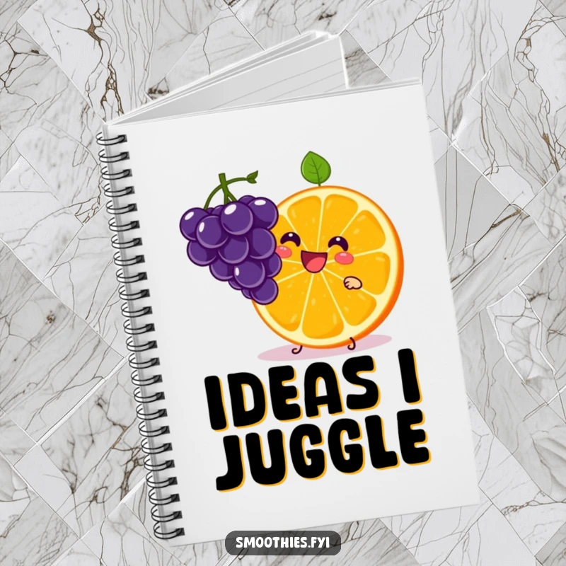 Funny Kawaii Orange Slice Notebook with a cute character juggling grapes. Ideal for jotting down bright and funny thoughts.